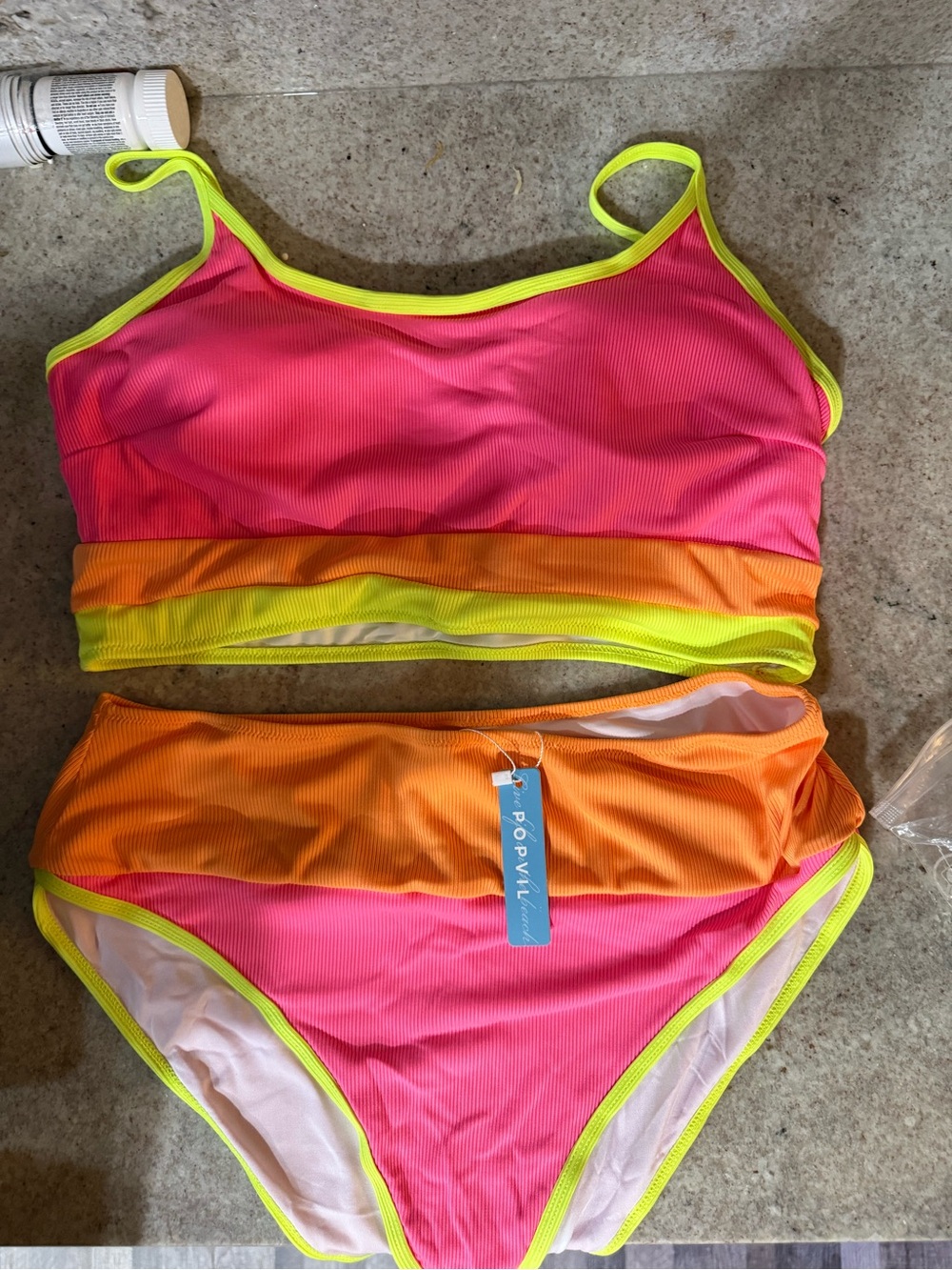 Pool Bright Neon Two-Piece Swimsuit - Pink, Orange & Yellow Trim